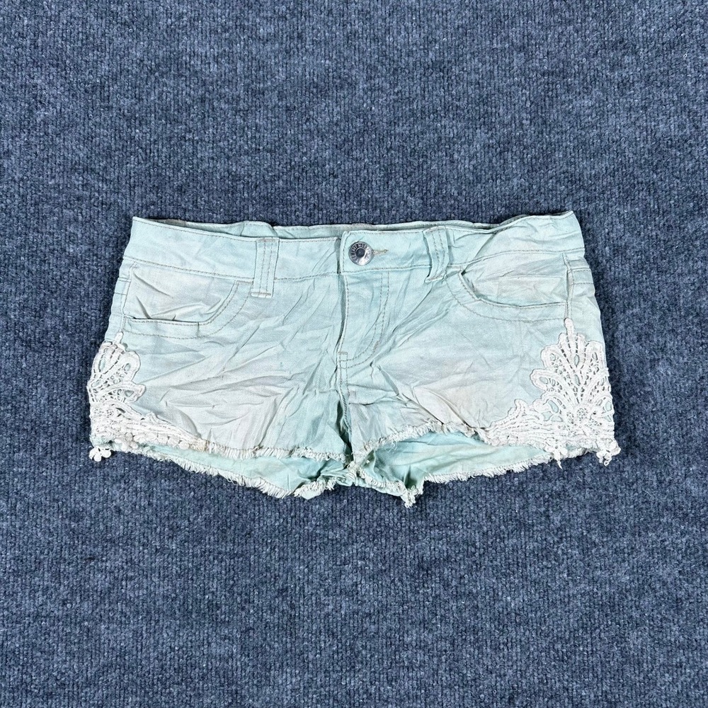 Mossimo Shorts Womens Size 5 Green Denim Crochet Lace Trim Raw Hem Distressed